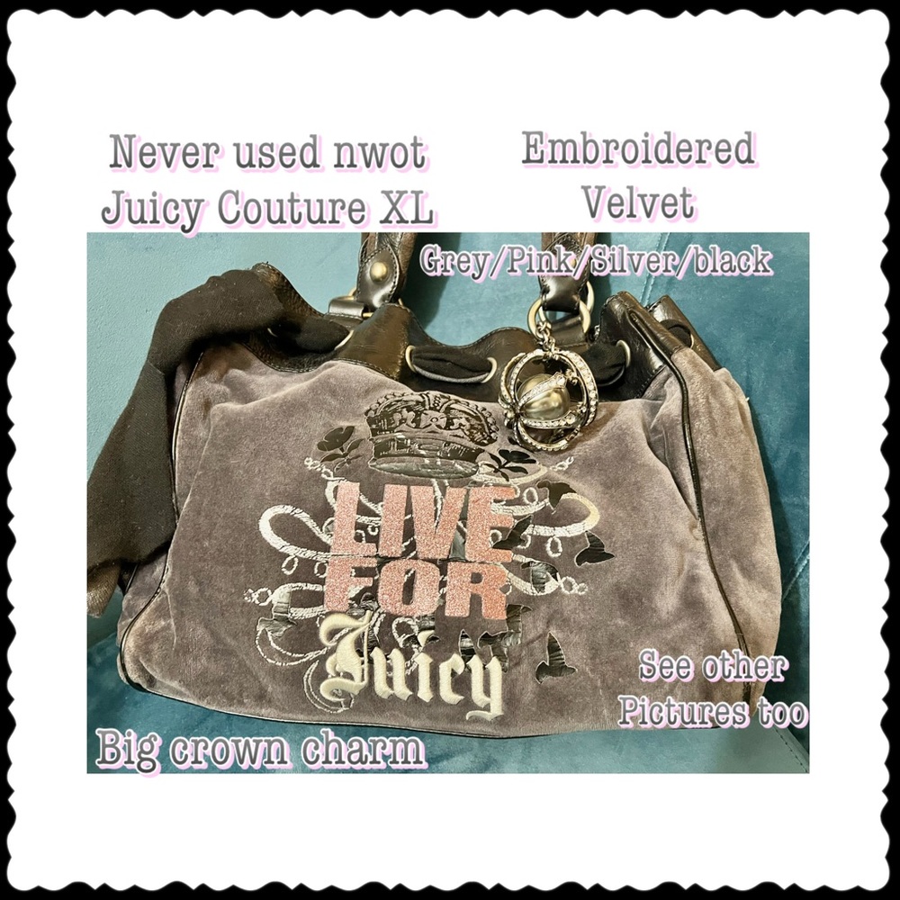 NWOT Juicy Couture grey velvet, pink silver embroidery black leather